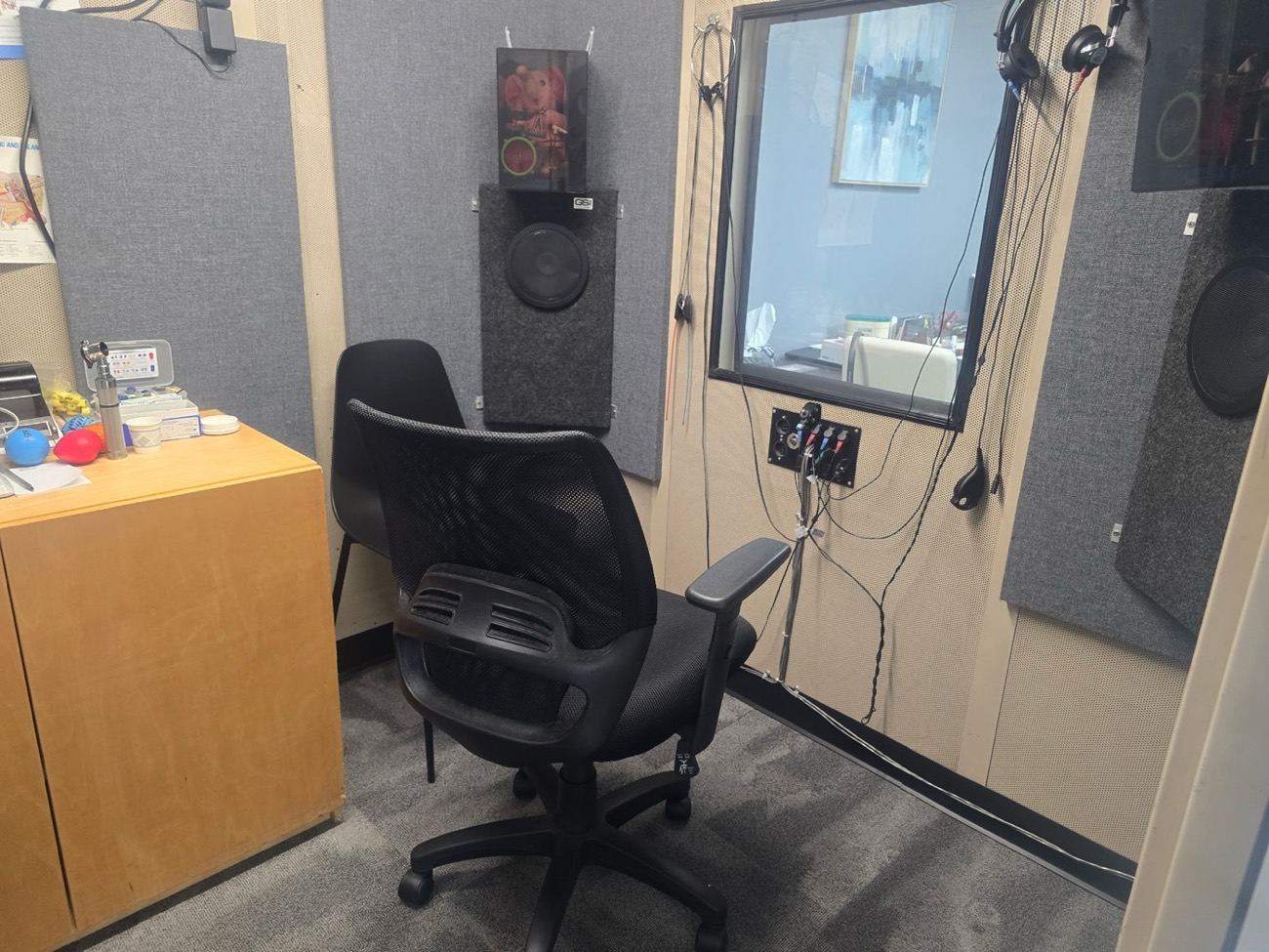 Inside the sound-treated testing booth at Elite Audiology PC in Great Neck, New York