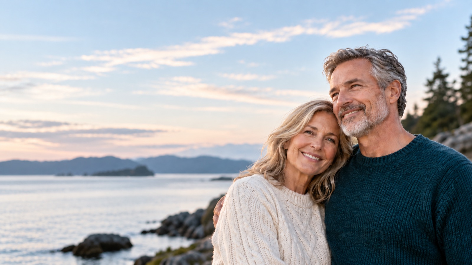 A couple in their sixties smiling together outdoors on the North Shore of Long Island